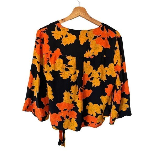 TOPSHOP Big Bloom  Multicolore Tie Wrap Blouse Gold Leaves Size 2 XS Fairy - Picture 7 of 12